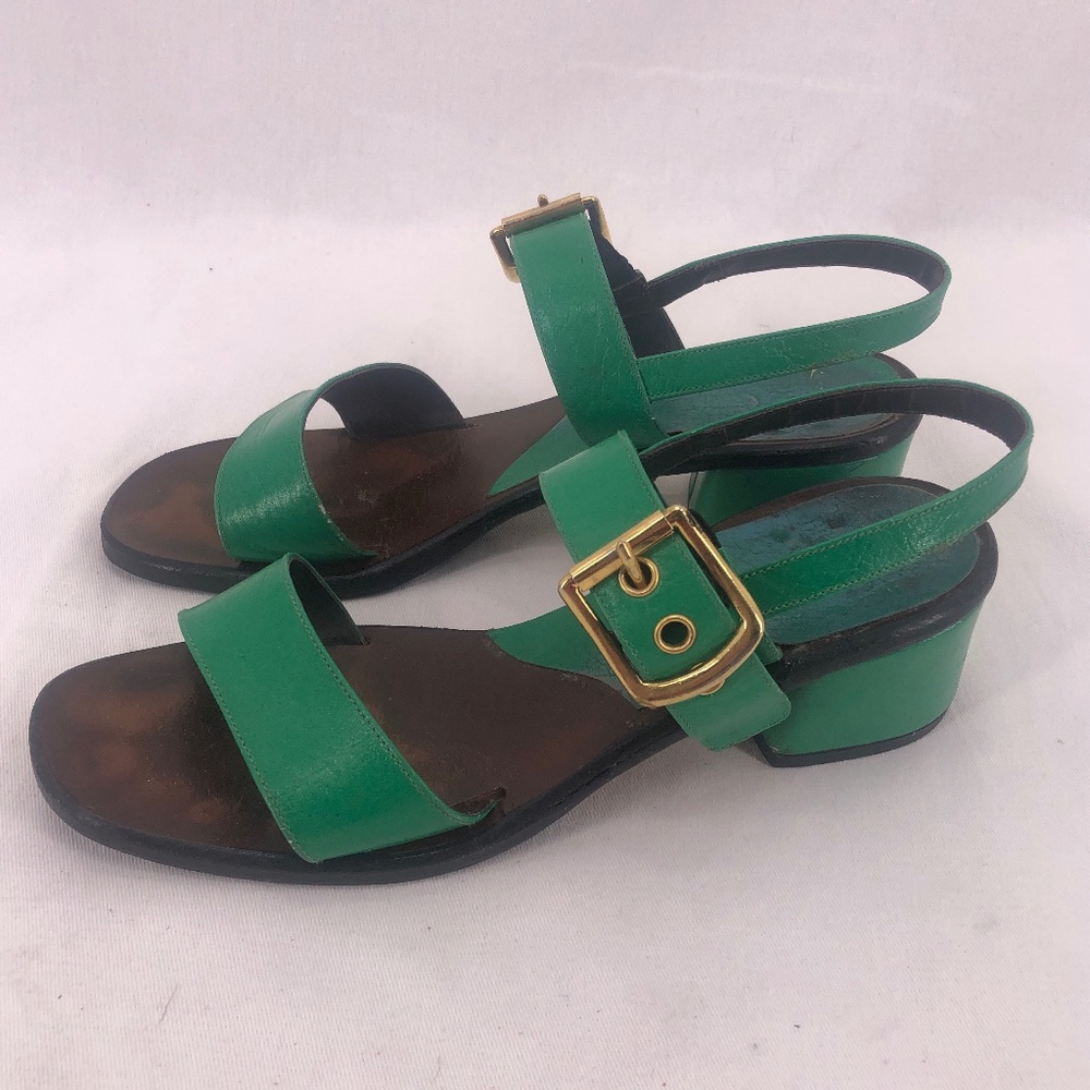 Vintage Eva Sonnino Green Leather Sandals Gold Buckle